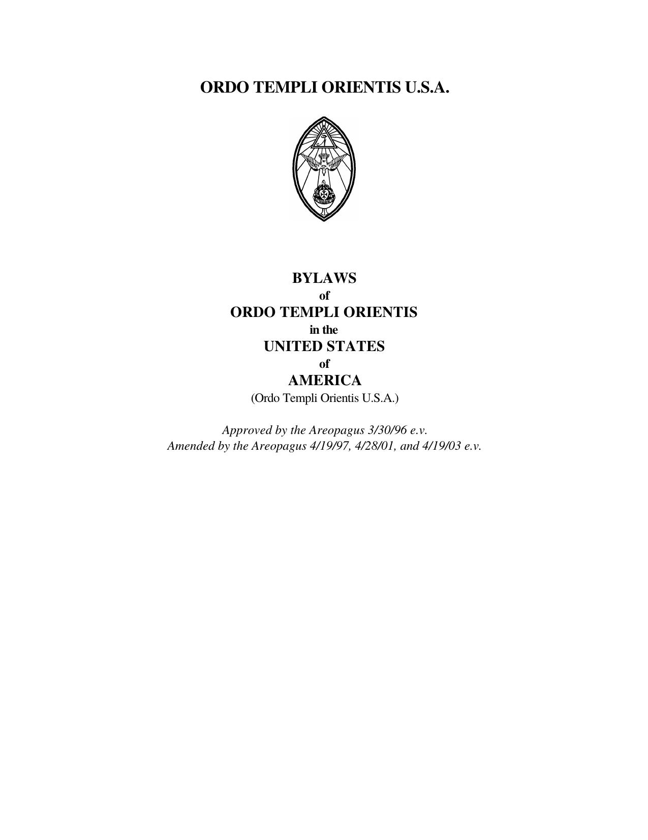 Bylaws of Ordo Templi Orientis in the United States of America by U.S. Grand Lodge Ordo Templi Orientis U.S.A