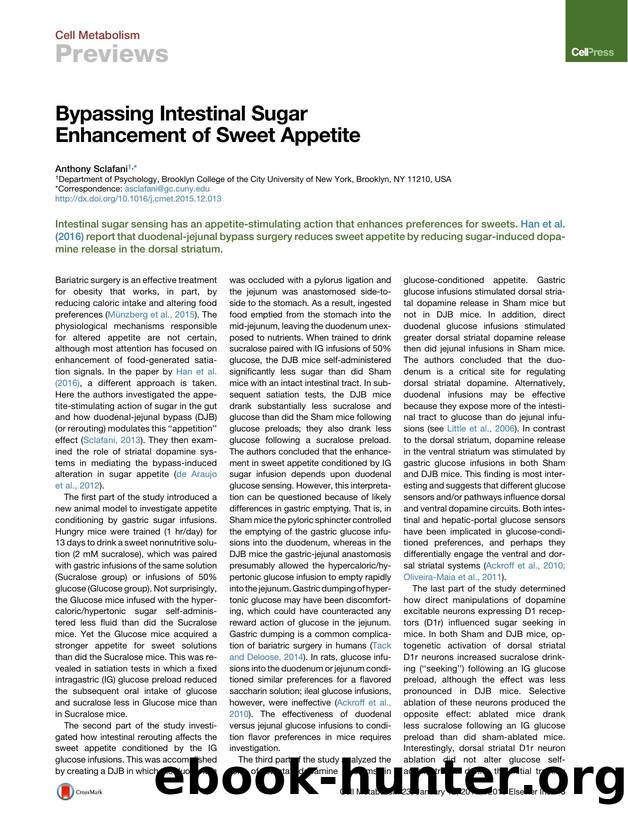 Bypassing Intestinal Sugar Enhancement of Sweet Appetite by Anthony Sclafani