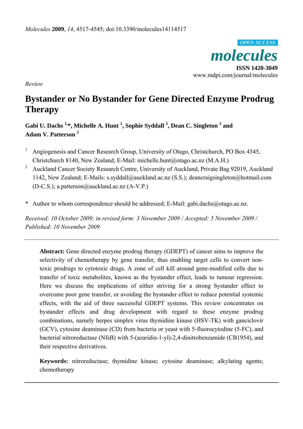 Bystander or No Bystander for Gene Directed Enzyme Prodrug Therapy by Gabi U. Dachs & Michelle A. Hunt & Sophie Syddall & Dean C. Singleton & Adam V. Patterson