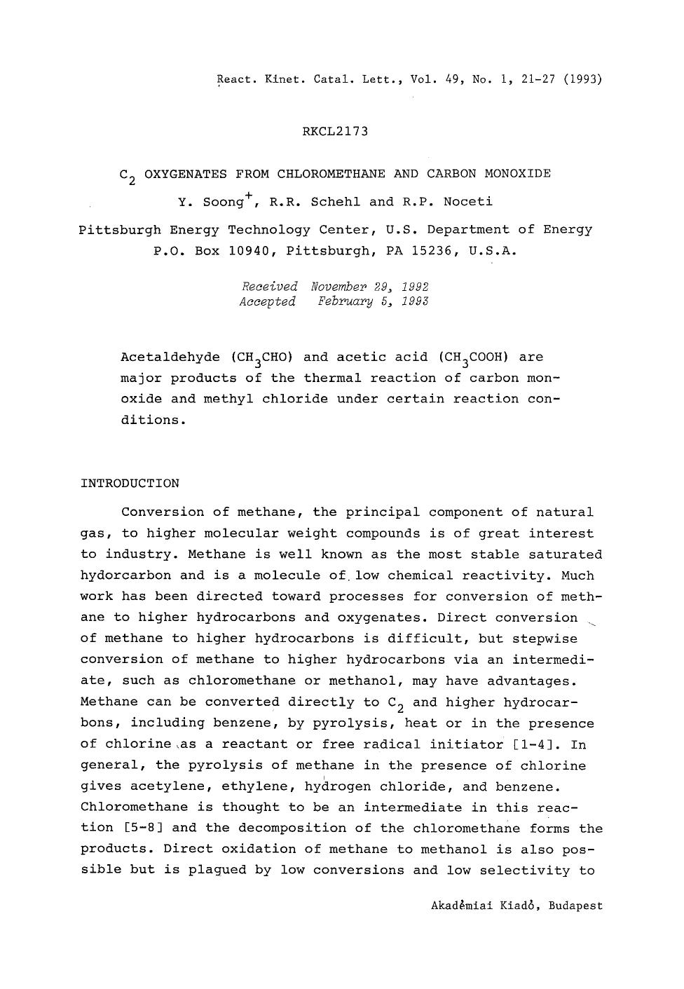 C <Subscript>2 <Subscript> oxygenates from chloromethane and carbon monoxide by Unknown