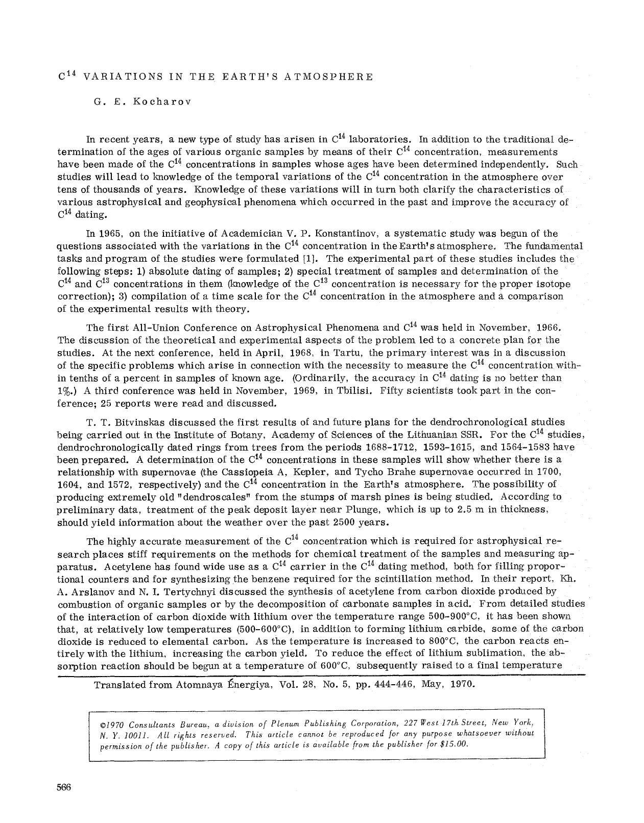 C <Superscript>14 <Superscript> variations in the earth's atmosphere by Unknown