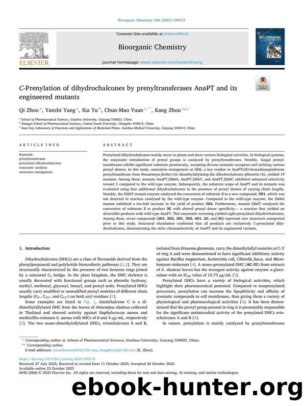 C -Prenylation of dihydrochalcones by prenyltransferases AnaPT and its engineered mutants by Qi Zhou & Yanzhi Yang & Xia Yu & Chun-Mao Yuan & Kang Zhou
