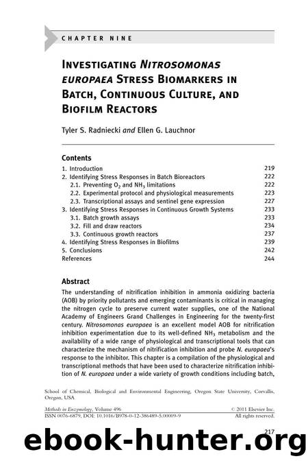 C h a p t e r  n i n e - Investigating Nitrosomonas europaea Stress Biomarkers in Batch, Continuous Culture, and Biofilm Reactors by Tyler S. Radniecki & Ellen G. Lauchnor
