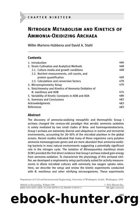 C h a p t e r  n i n e t e e n - Nitrogen Metabolism and Kinetics of Ammonia-Oxidizing Archaea by Willm Martens-Habbena & David A. Stahl
