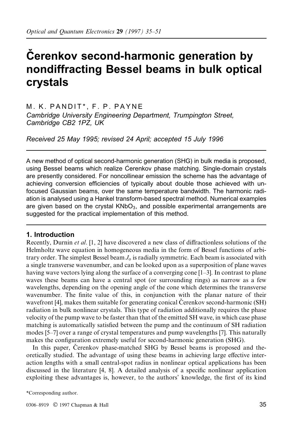 CČerenkov second-harmonic generation by nondiffracting Bessel beams in bulk optical crystals by Unknown