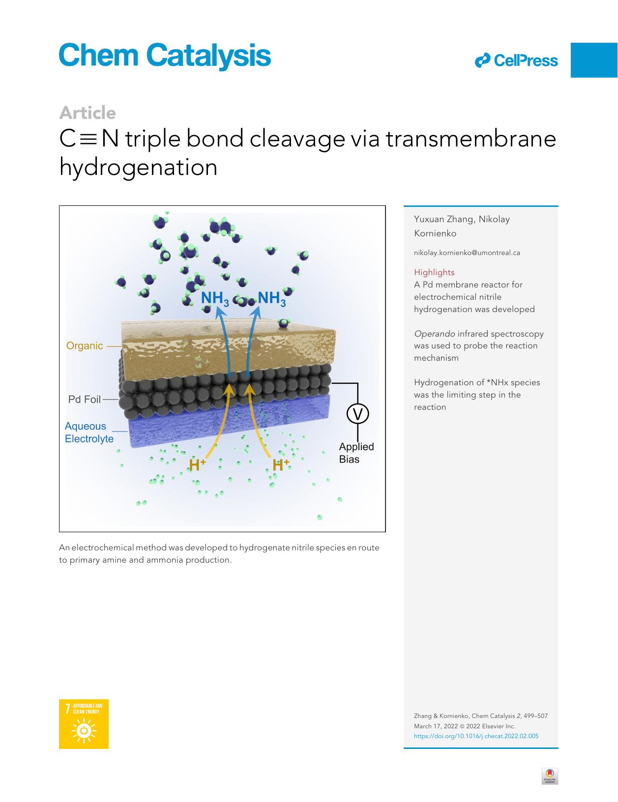 C&equiv;N triple bond cleavage via transmembrane hydrogenation by Yuxuan Zhang & Nikolay Kornienko