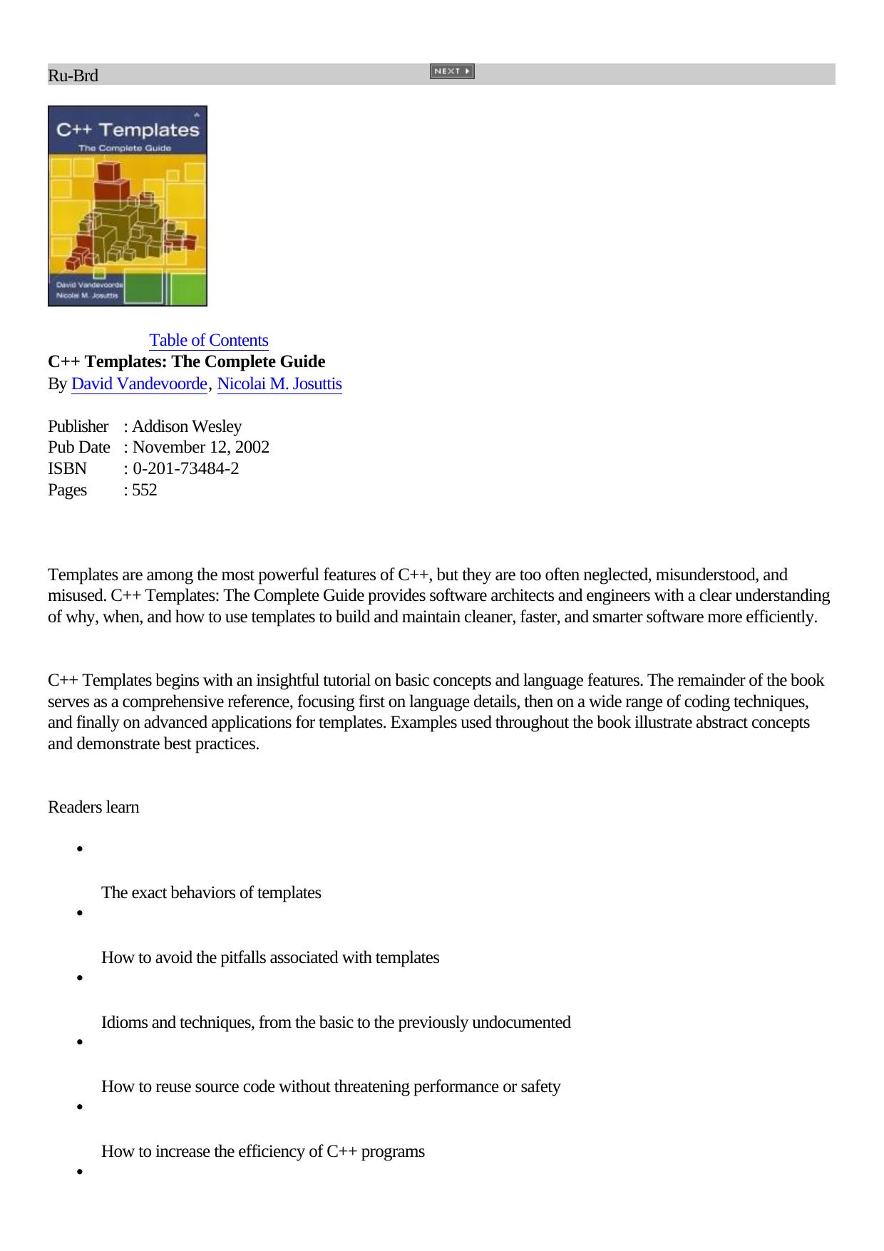 C++ Templates - The Complete Guide (Addison Wesley-2002) by The Complete Guide Addison Wesley
