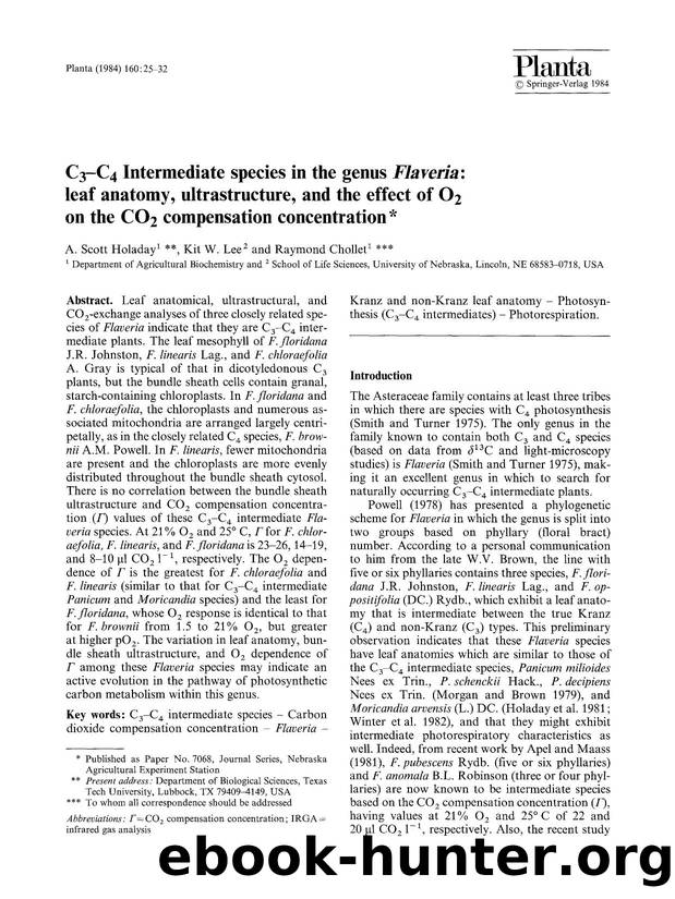 C<Subscript>3<Subscript>&#x2212;C<Subscript>4<Subscript> Intermediate species in the genus <Emphasis Type="Italic">Flaveria<Emphasis>: leaf anatomy, ultrastructure, and the effect  by Unknown