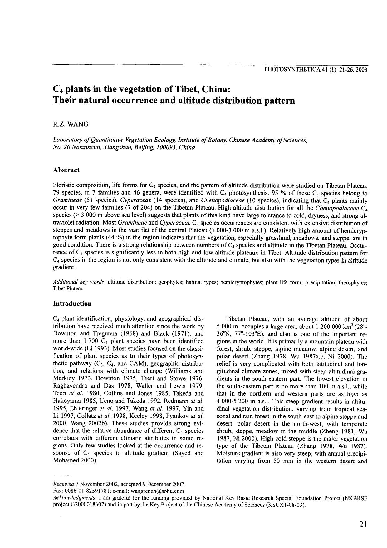 C<Subscript>4<Subscript> Plants in the Vegetation of Tibet, China: Their Natural Occurrence and Altitude Distribution Pattern by Unknown