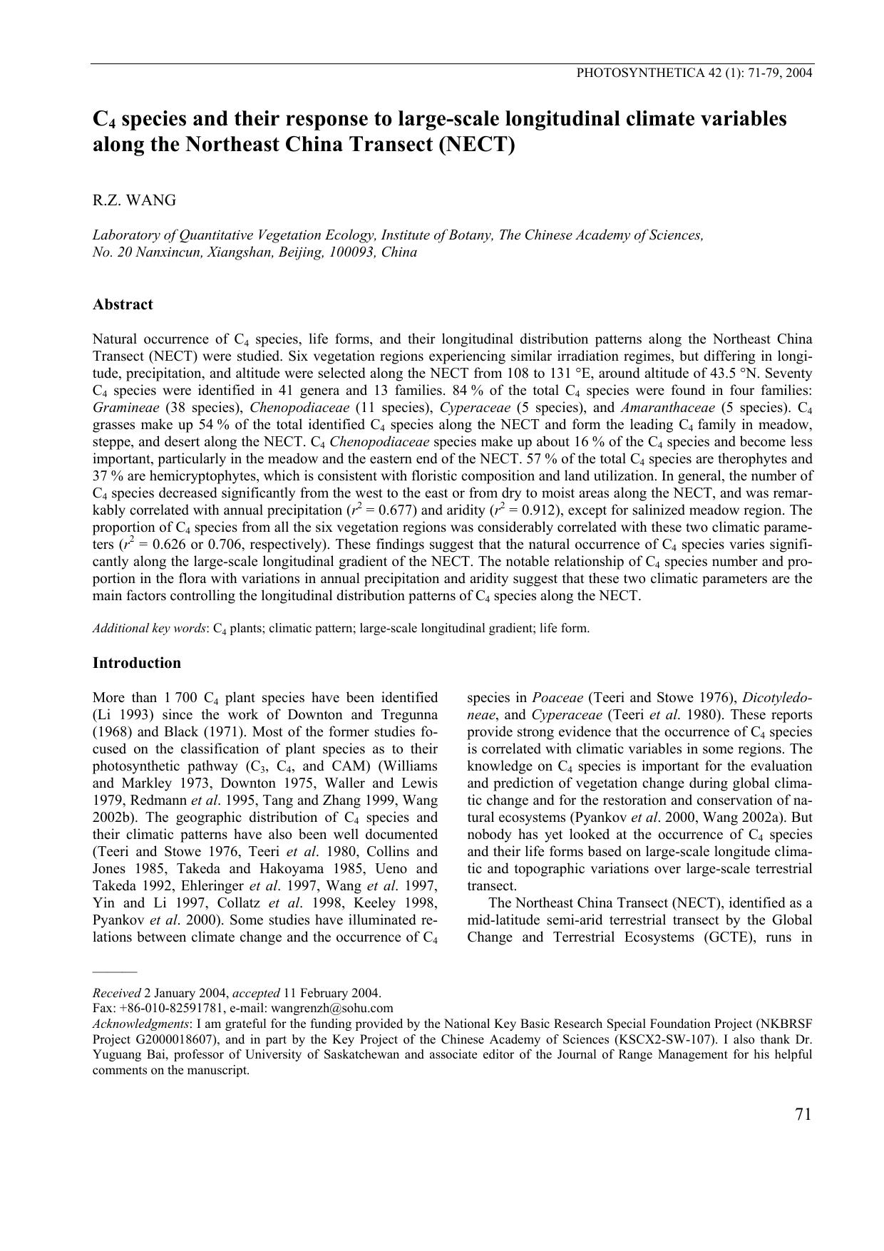 C<Subscript>4<Subscript> Species and their Response to Large-Scale Longitudinal Climate Variables Along the Northeast China Transect (NECT) by Unknown