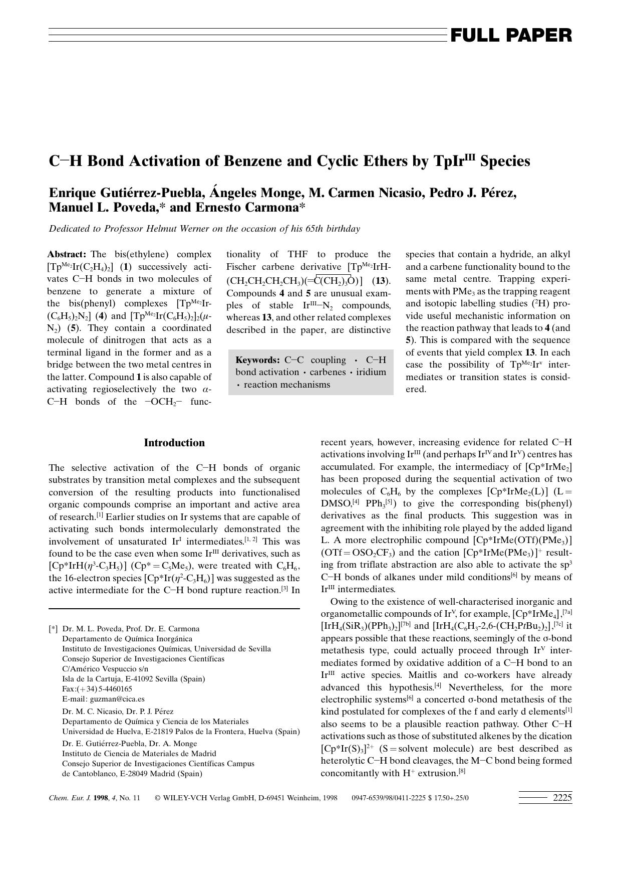 C[minus]H Bond Activation of Benzene and Cyclic Ethers by TpIrIII Species by Unknown