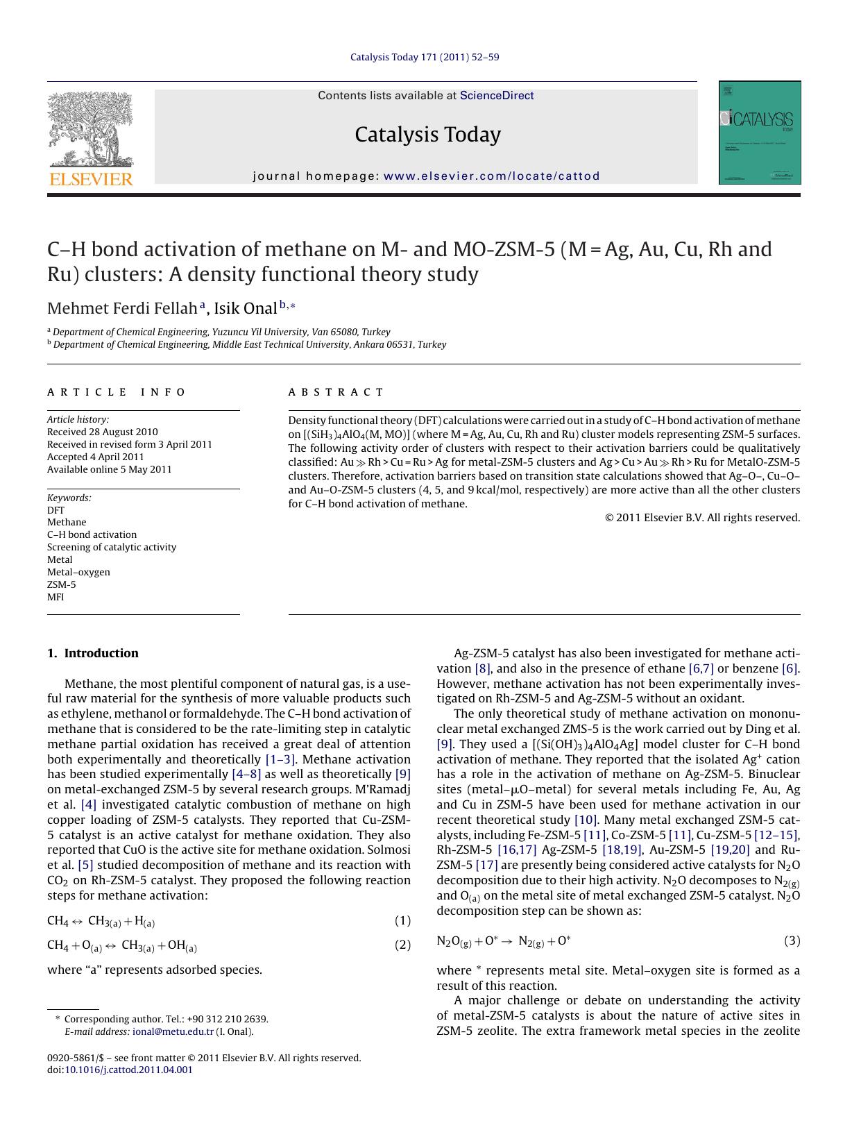 CÃ¢â¬âH bond activation of methane on M- and MO-ZSM-5 (M=Ag, Au, Cu, Rh and Ru) clusters: A density functional theory study by Mehmet Ferdi Fellah