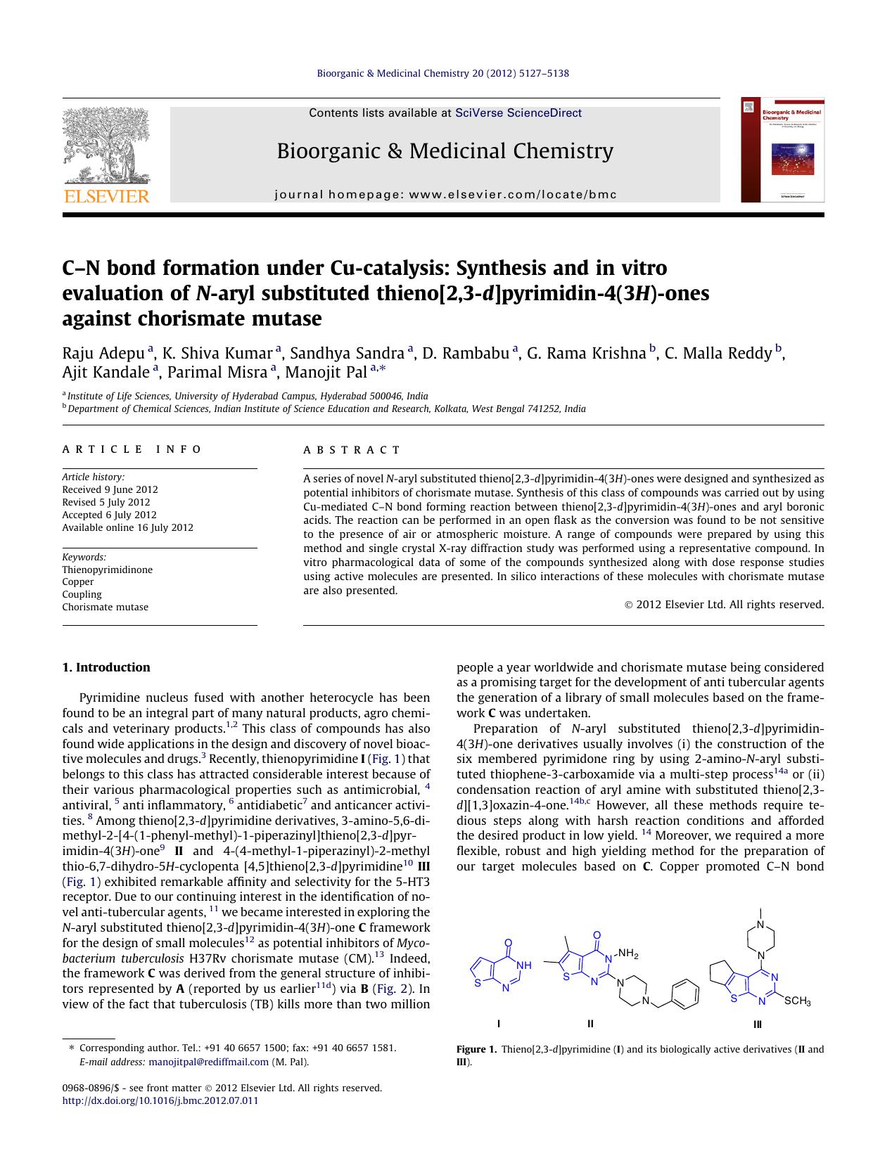 CÃ¢â¬âN bond formation under Cu-catalysis: Synthesis and in vitro evaluation of N-aryl substituted thieno[2,3-d]pyrimidin-4(3H)-ones against chorismate mutase by unknow