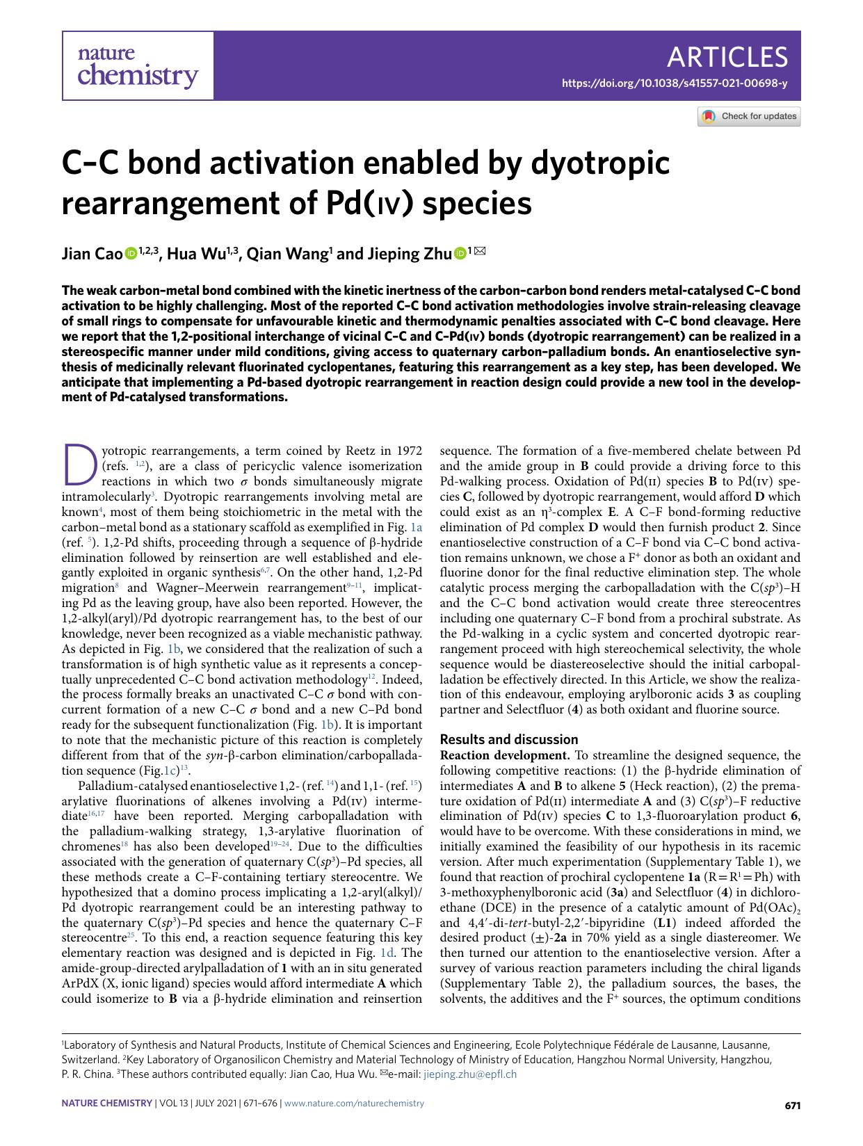 CâC bond activation enabled by dyotropic rearrangement of Pd(iv) species by Jian Cao & Hua Wu & Qian Wang & Jieping Zhu