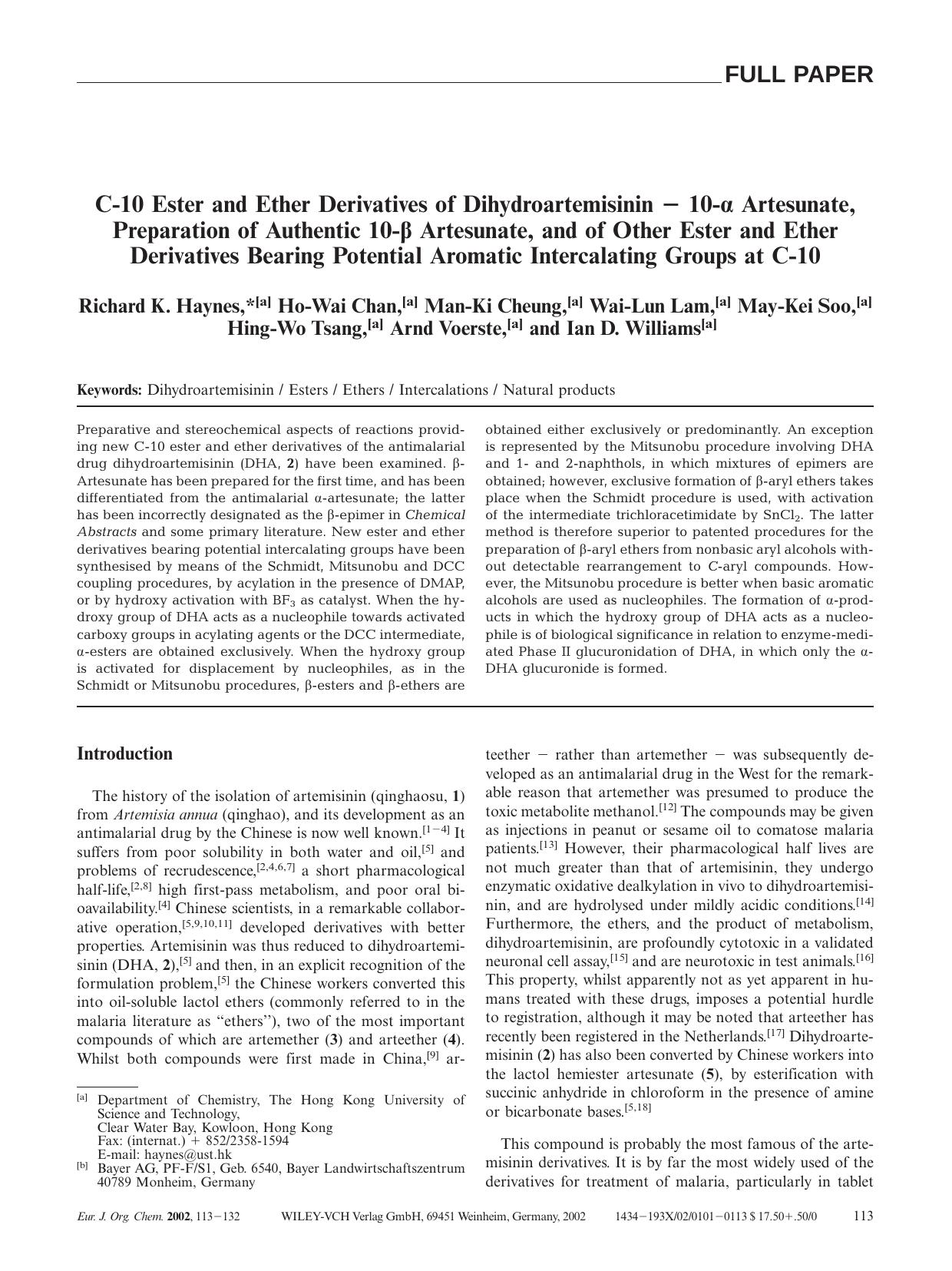 C-10 Ester and Ether Derivatives of Dihydroartemisinin - 10-[alpha] Artesunate, Preparation of Authentic 10-[beta] Artesunate, and of Other Ester and Ether Derivatives Bearing Pote by Unknown