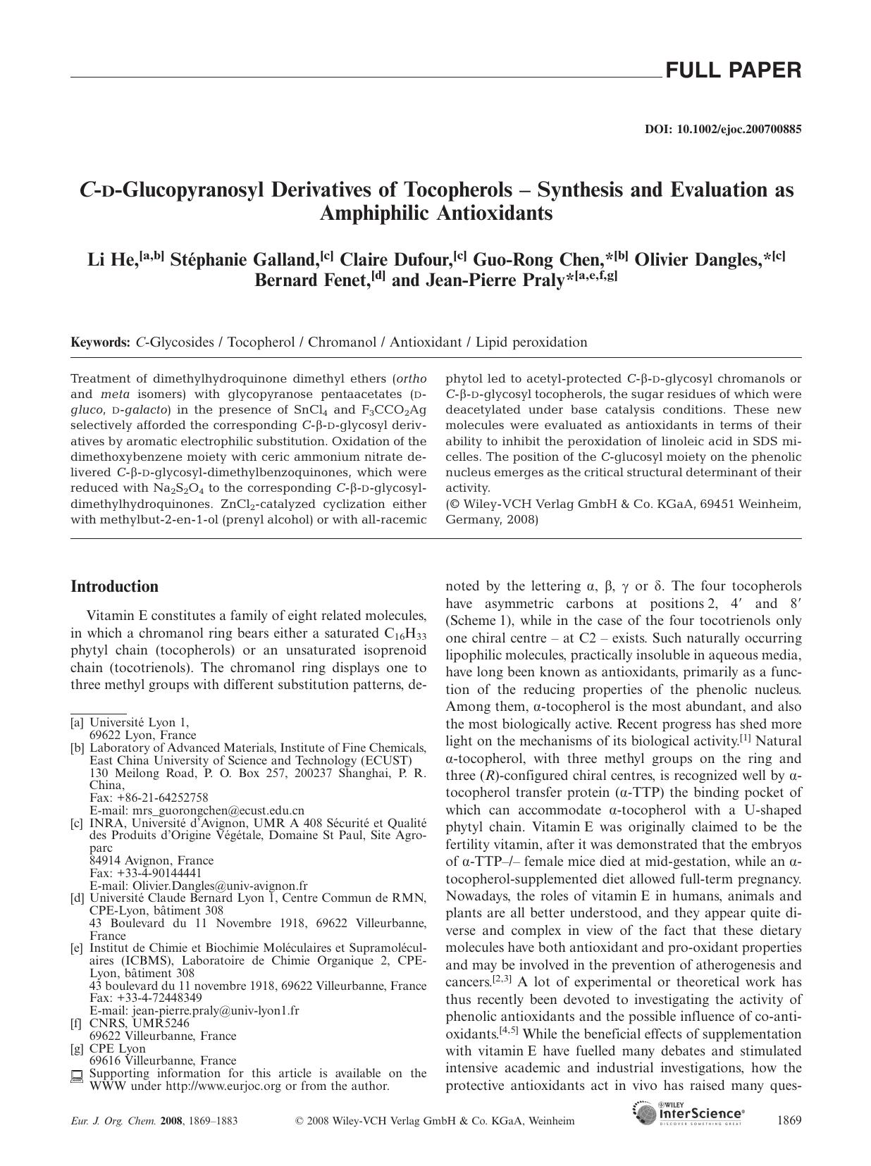 C-D-Glucopyranosyl Derivatives of Tocopherols - Synthesis and Evaluation as Amphiphilic Antioxidants by Unknown