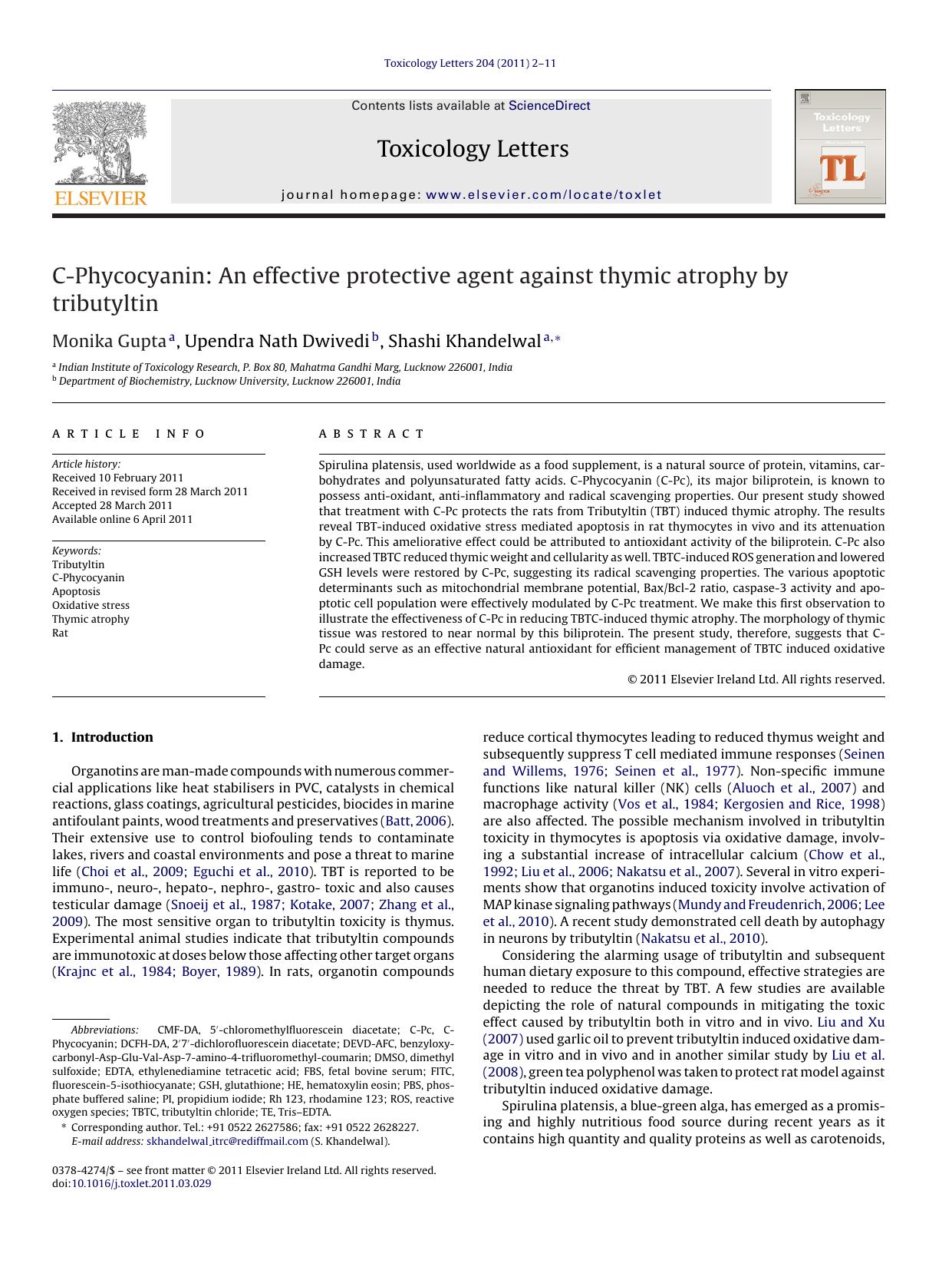 C-Phycocyanin: An effective protective agent against thymic atrophy by tributyltin by Monika Gupta