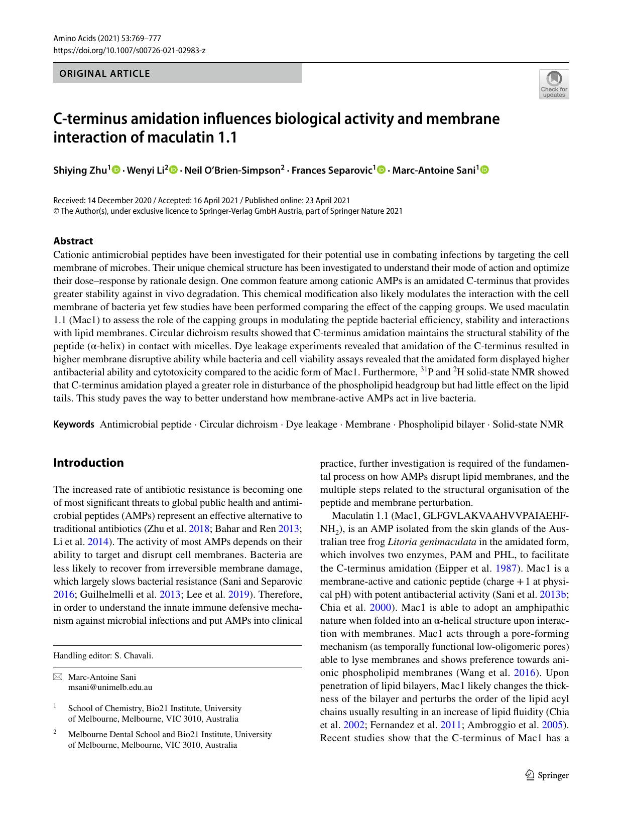 C-terminus amidation influences biological activity and membrane interaction of maculatin 1.1 by Shiying Zhu & Wenyi Li & Neil O’Brien-Simpson & Frances Separovic & Marc-Antoine Sani