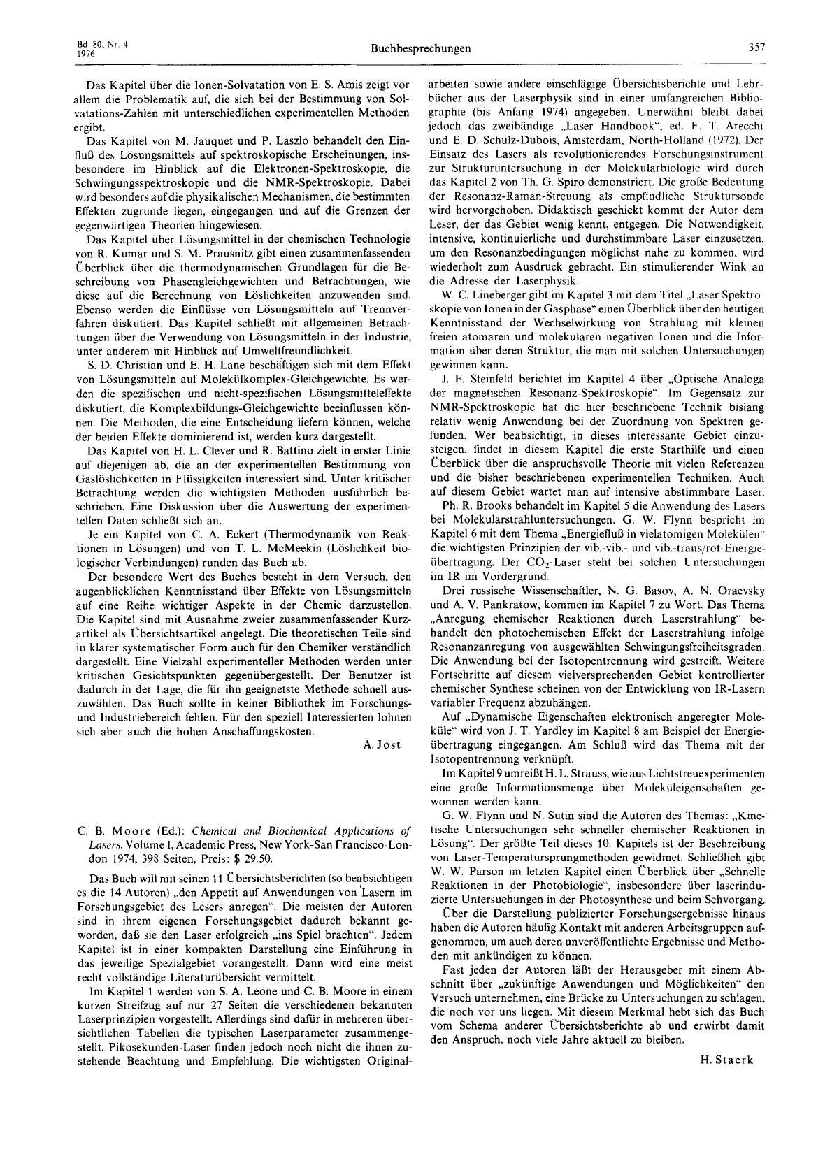 C. B. Moore (Ed.): Chemical and Biochemical Applications of Lasers, Volume I, Academic Press, New York-San Francisco-London 1974, 398 Seiten, Preis: [dollar] 29.50. by Unknown