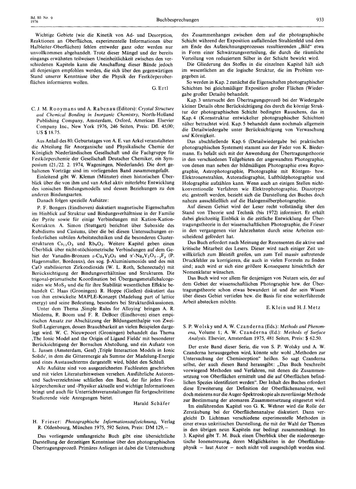 C. J. M. Rooymans und A. Rabenau (Editors): Crystal Structure and Chemical Bonding in Inorganic Chemistry, North-Holland Publishing Company, Amsterdam, Oxford, American Elsevier Co by Unknown