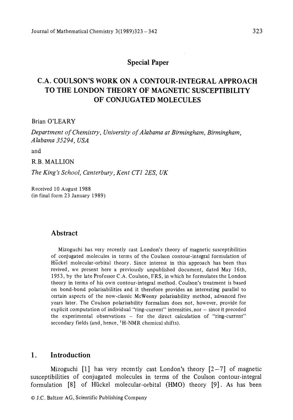 C.A. Coulson's work on a contour-integral approach to the London theory of magnetic susceptibility of conjugated molecules by Unknown