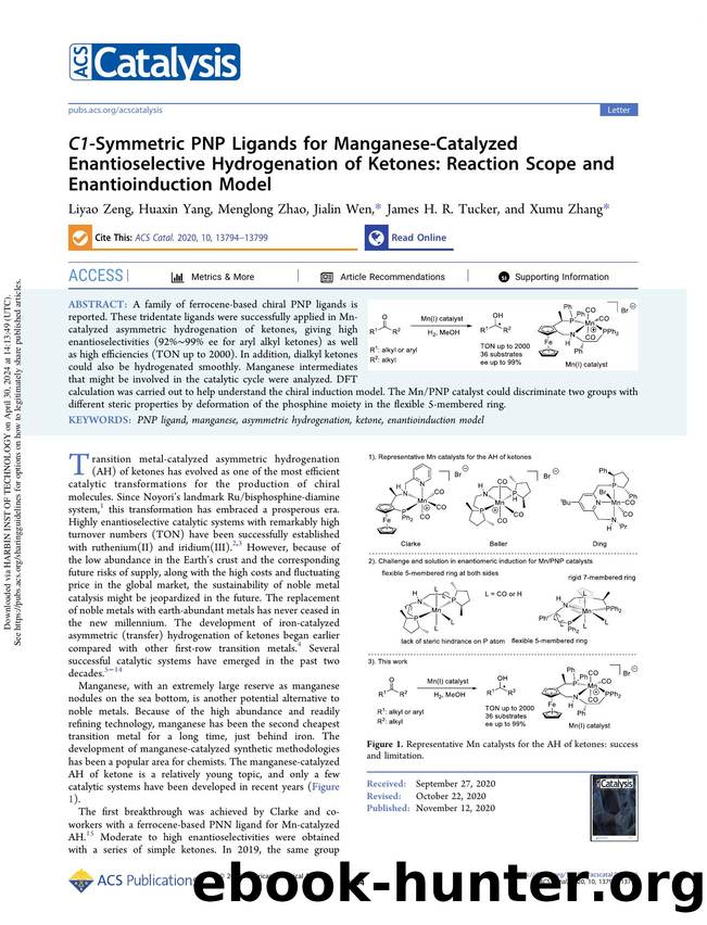 C1-Symmetric PNP Ligands for Manganese-Catalyzed Enantioselective Hydrogenation of Ketones: Reaction Scope and Enantioinduction Model by Liyao Zeng Huaxin Yang Menglong Zhao Jialin Wen James H. R. Tucker & Xumu Zhang