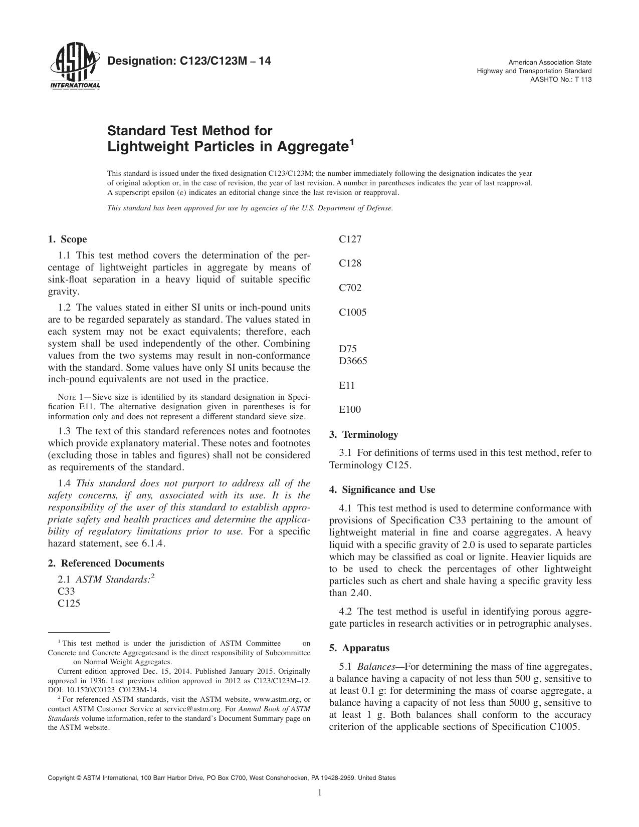 C123C123M-14 Standard Test Method for Lightweight Particles in Aggregate.pdf by 14