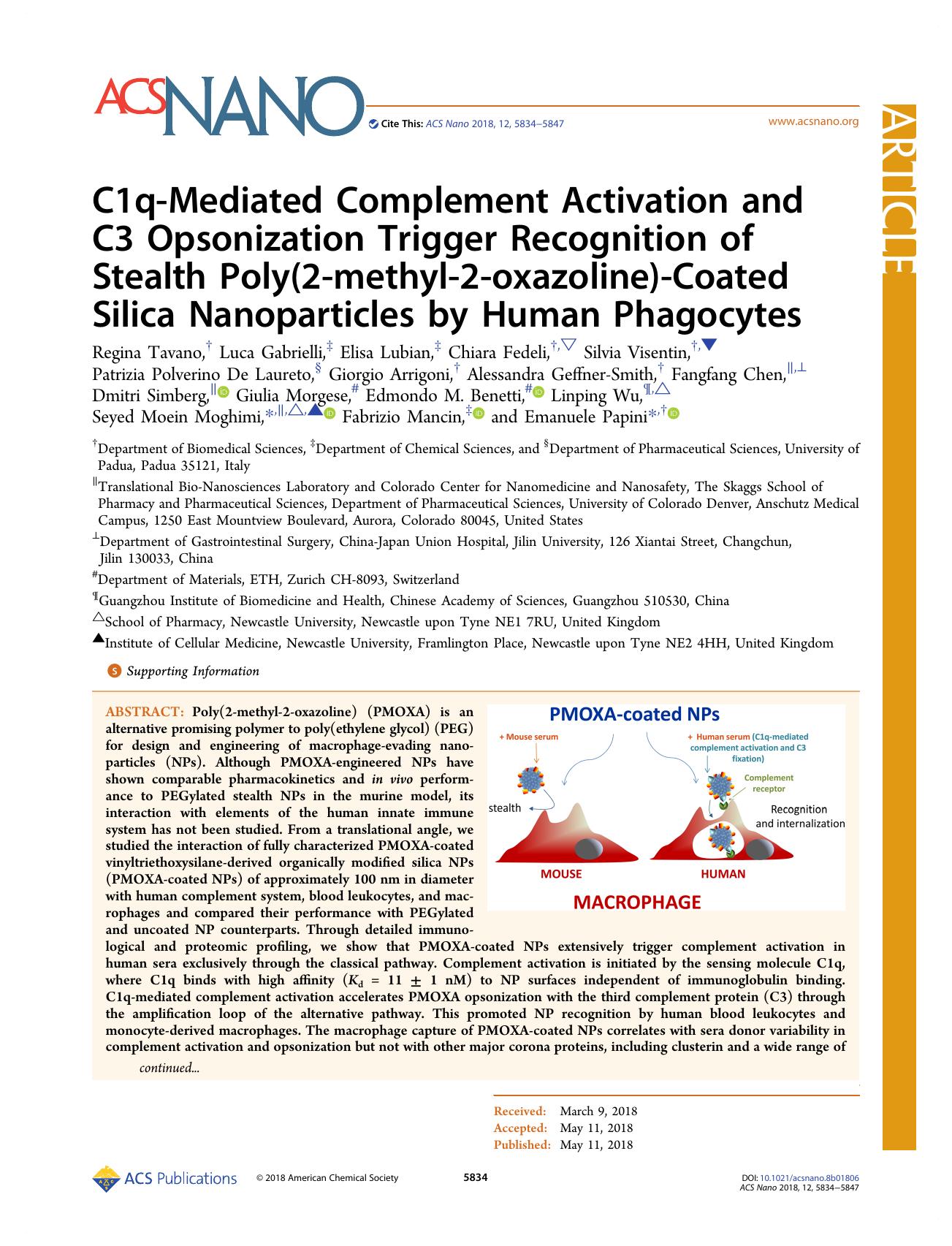 C1q-Mediated Complement Activation and C3 Opsonization Trigger Recognition of Stealth Poly(2-methyl-2-oxazoline)-Coated Silica Nanoparticles by Human Phagocytes by unknow