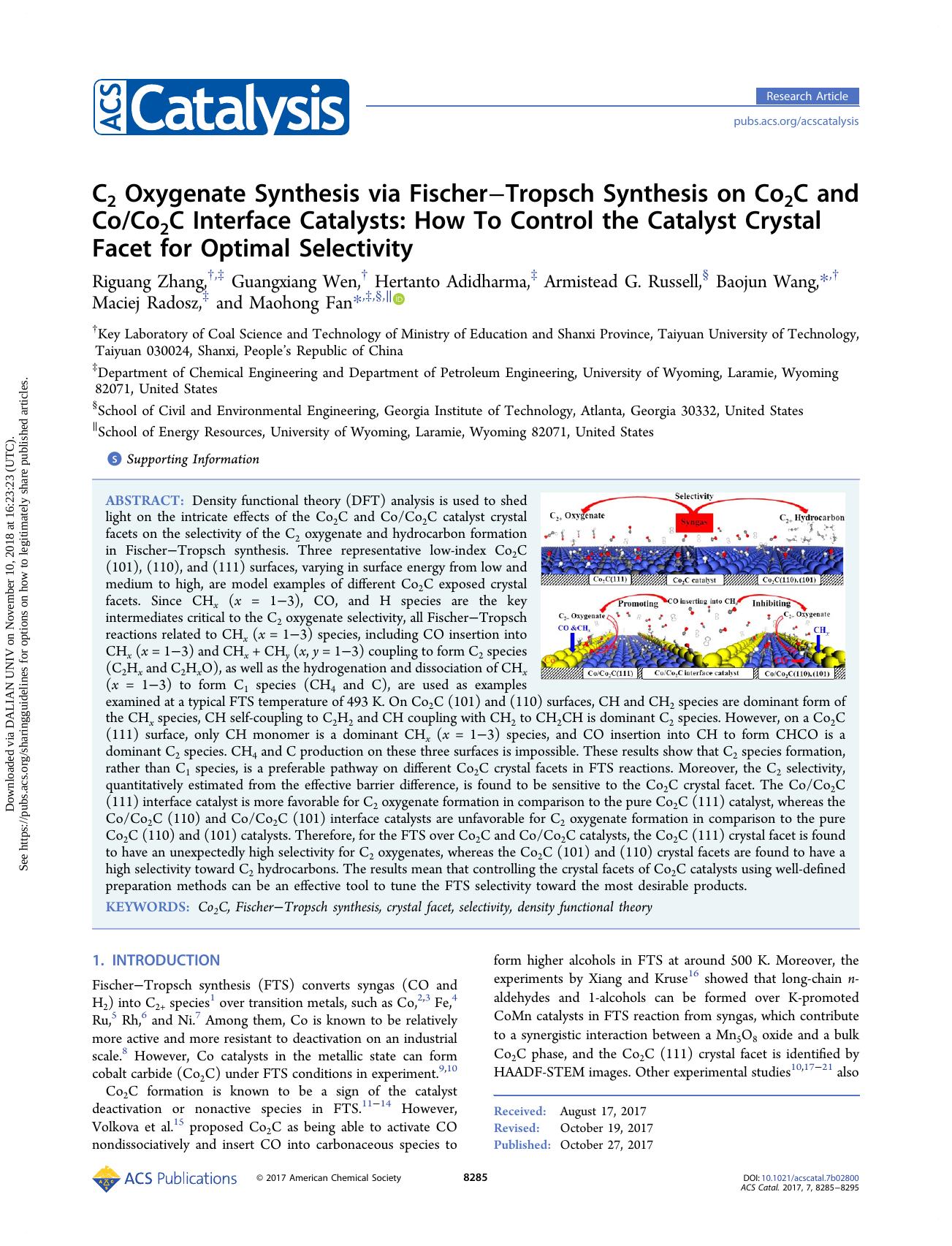 C2 Oxygenate Synthesis via FischerâTropsch Synthesis on Co2C and CoCo2C Interface Catalysts: How To Control the Catalyst Crystal Facet for Optimal Selectivity by unknow