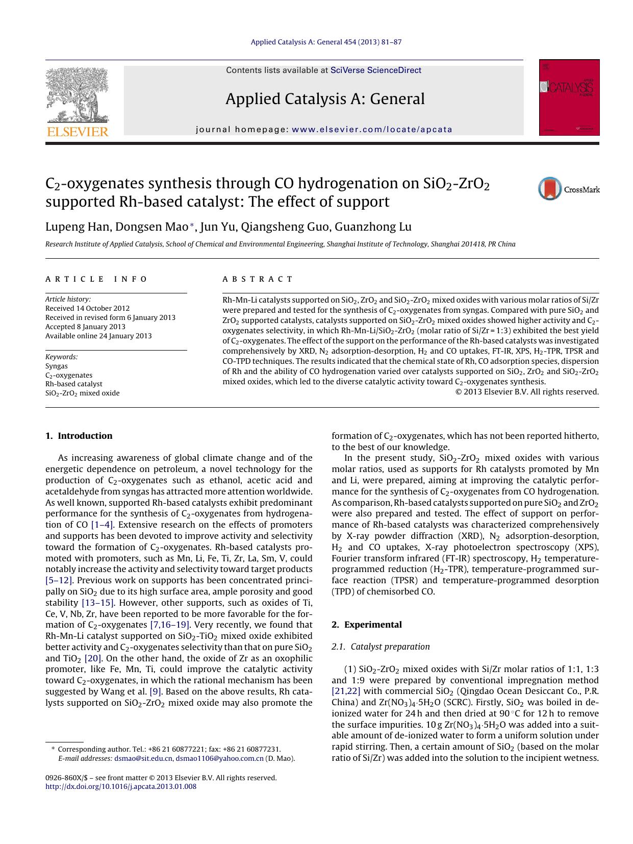 C2-oxygenates synthesis through CO hydrogenation on SiO2-ZrO2 supported Rh-based catalyst: The effect of support by Lupeng Han