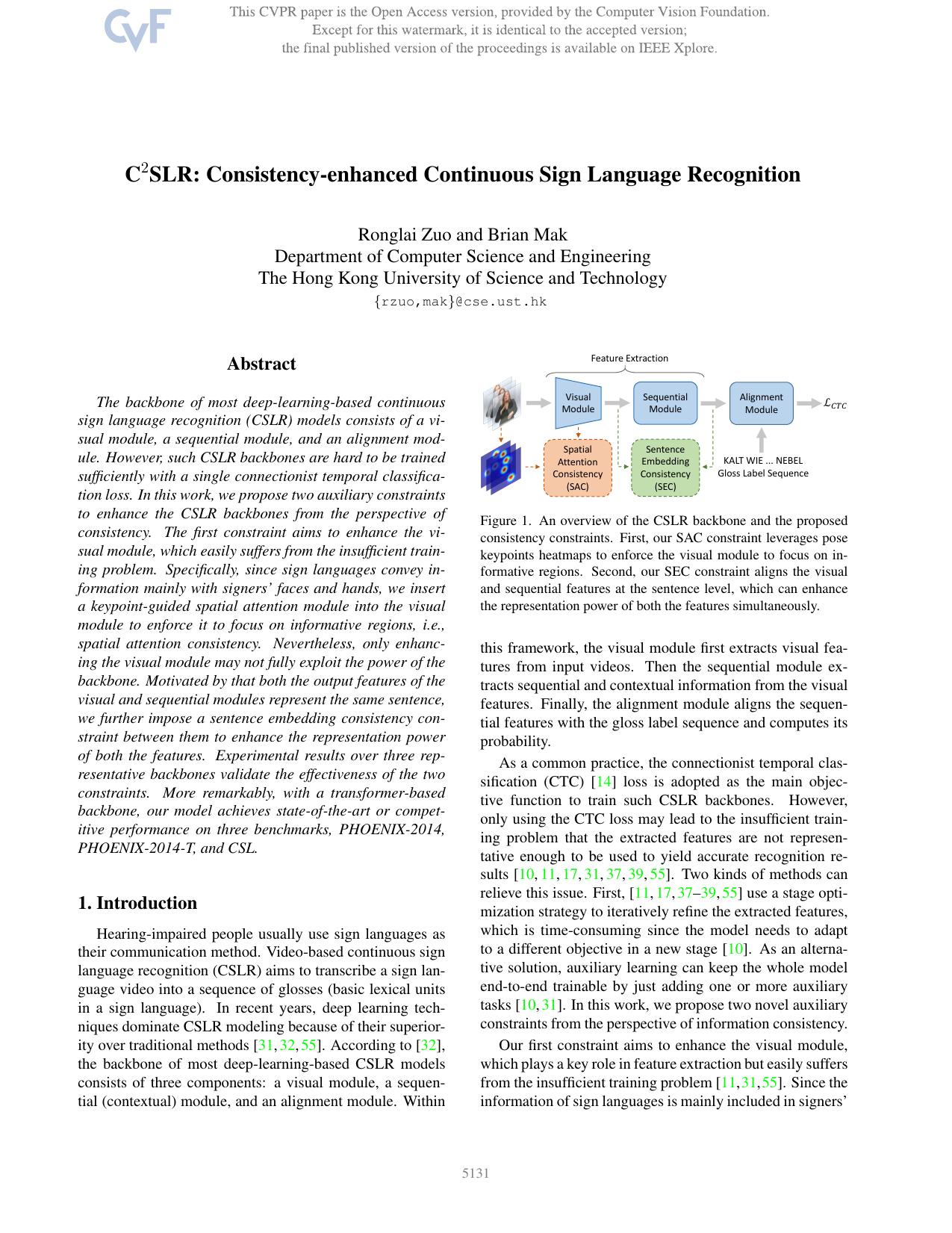 C2SLR: Consistency-Enhanced Continuous Sign Language Recognition by Ronglai Zuo & Brian Mak