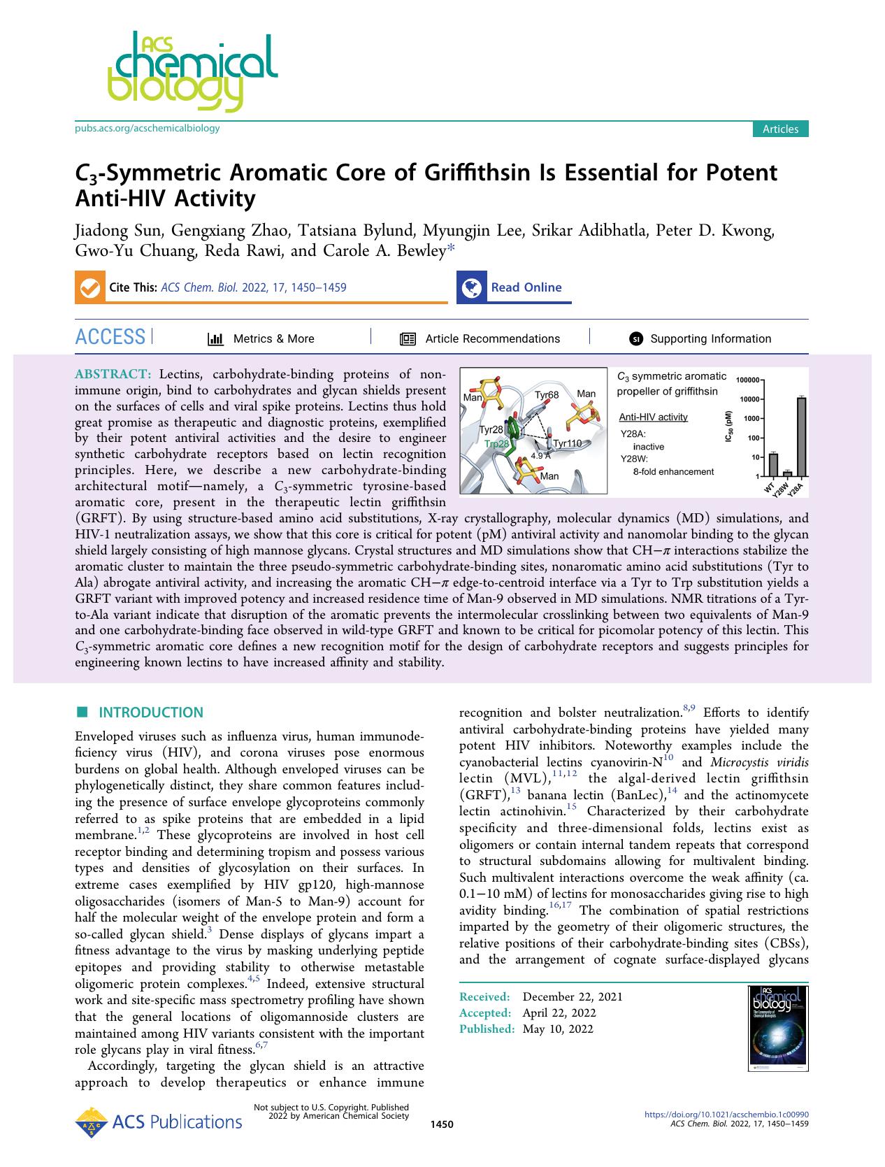 C3-Symmetric Aromatic Core of Griffithsin Is Essential for Potent Anti-HIV Activity by unknow