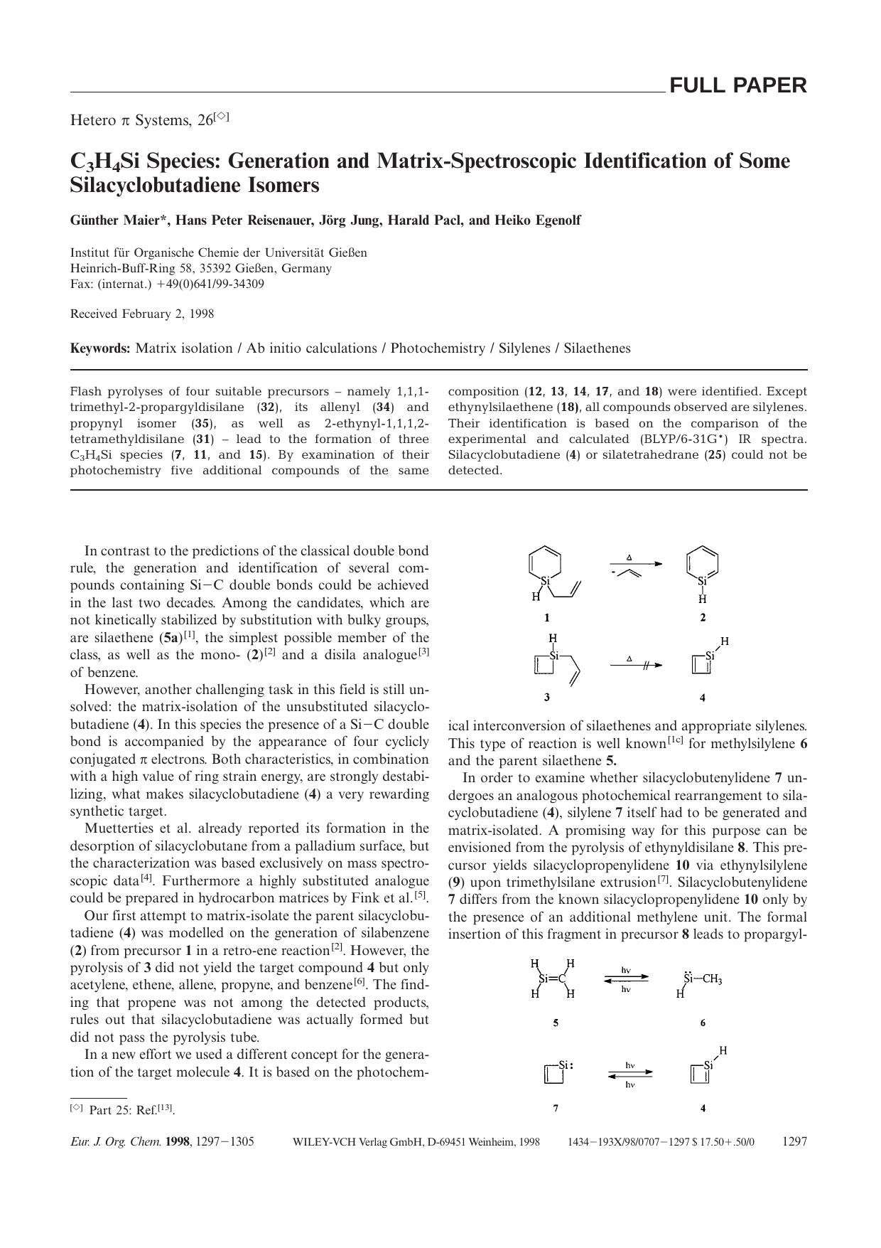 C3H4Si Species: Generation and Matrix-Spectroscopic Identification of Some Silacyclobutadiene Isomers by Unknown