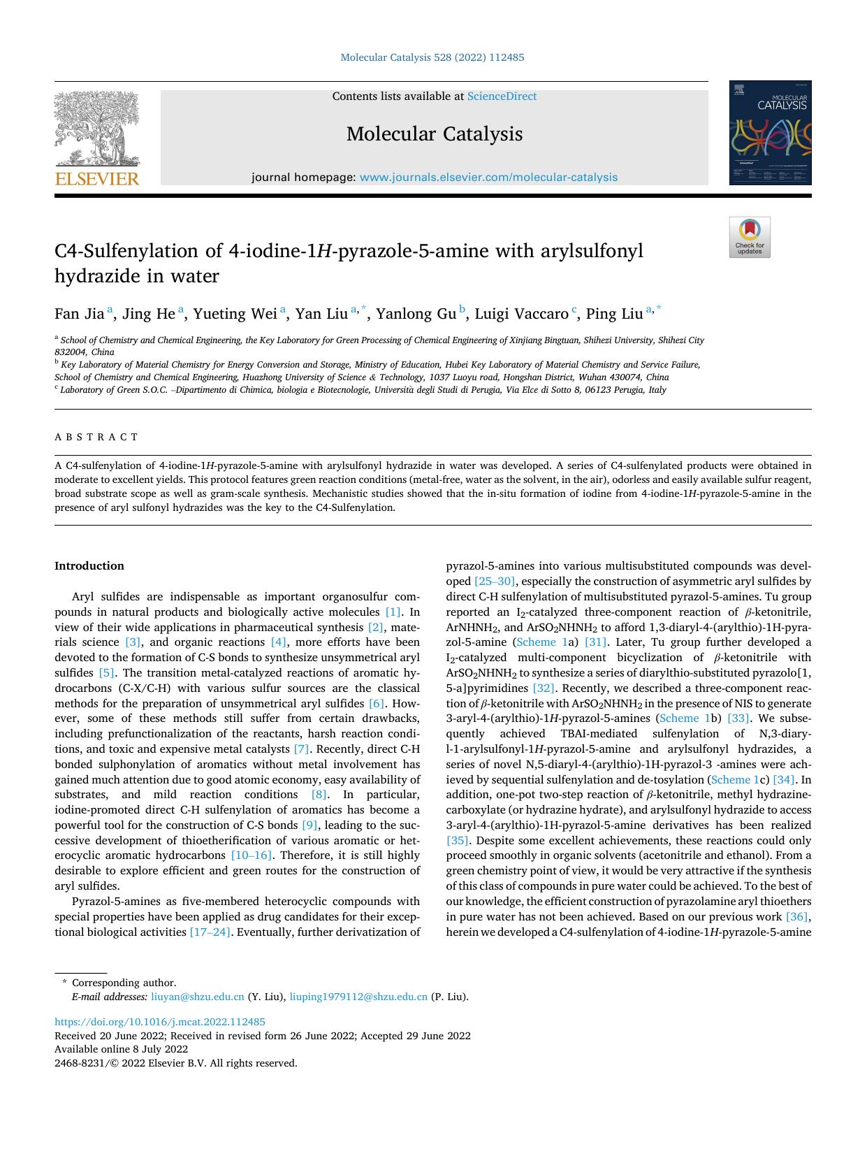 C4-Sulfenylation of 4-iodine-1 H -pyrazole-5-amine with arylsulfonyl hydrazide in water by Fan Jia