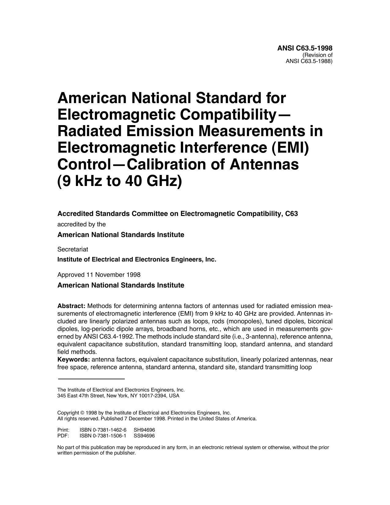 C63.5-1998 Revision of - Revision of ANSI C63.5-1988 American National Standard for Electromagnetic CompatibilityRadiated Emission Measurements in Electromagnetic Interference - EM by Unknown