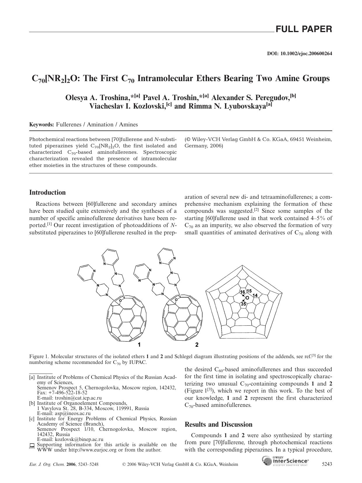 C70[NR2]2O: The First C70 Intramolecular Ethers Bearing Two Amine Groups by Unknown