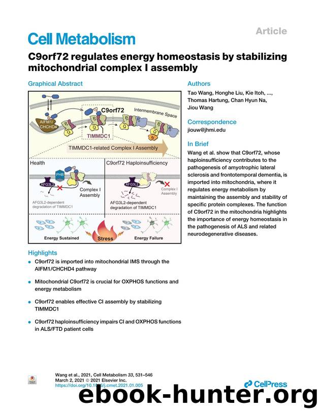 C9orf72 regulates energy homeostasis by stabilizing mitochondrial complex I assembly by unknow