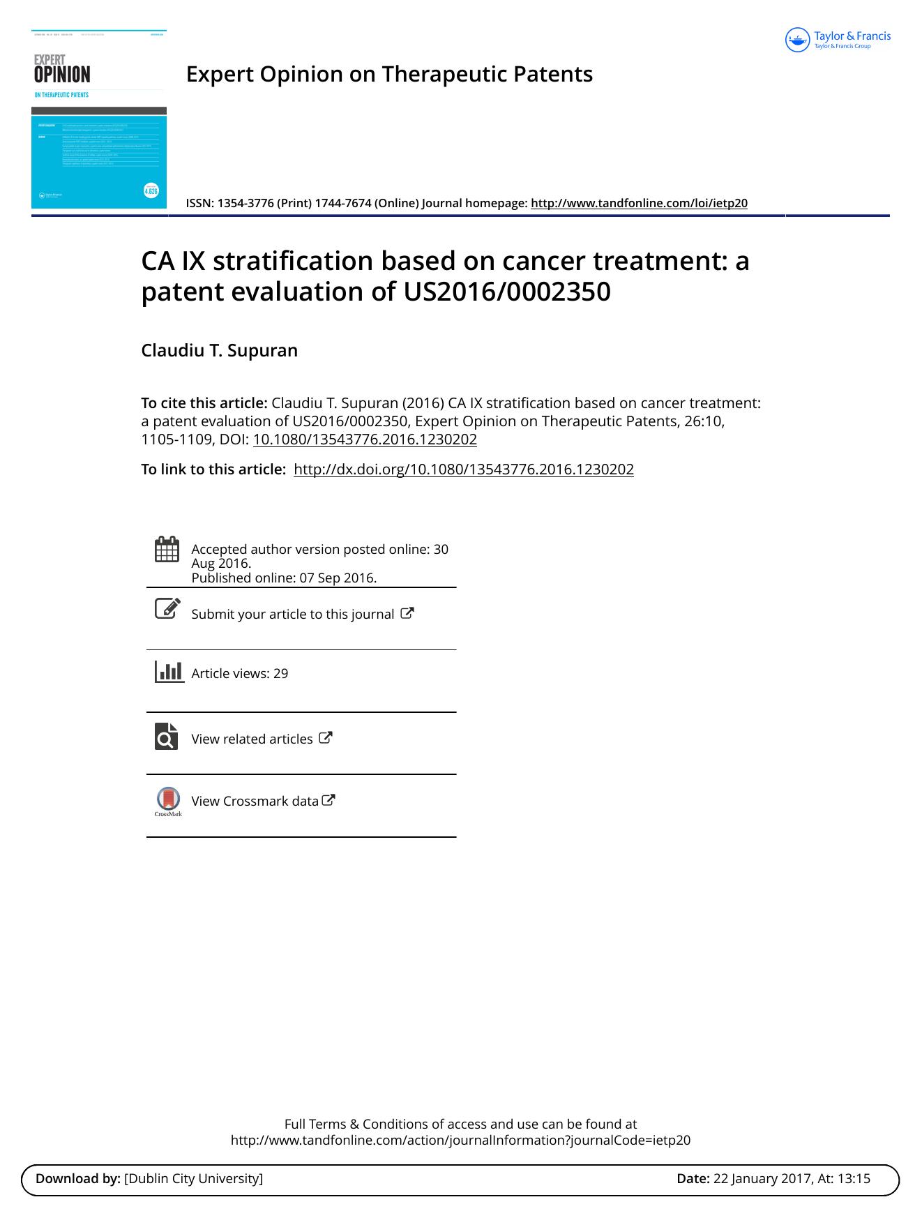 CA IX stratification based on cancer treatment: a patent evaluation of US20160002350 by Claudiu T. Supuran