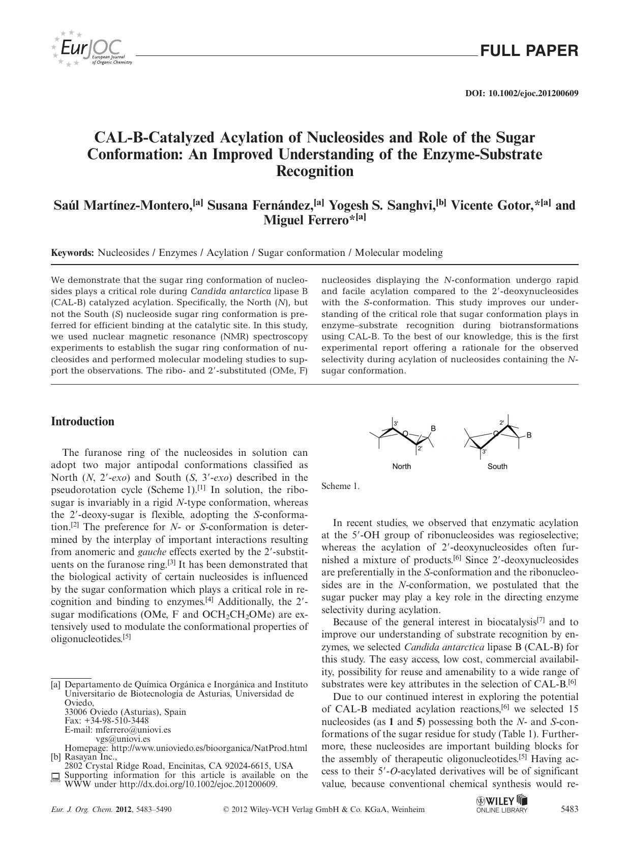 CALBCatalyzed Acylation of Nucleosides and Role of the Sugar Conformation: An Improved Understanding of the EnzymeSubstrate Recognition by Unknown