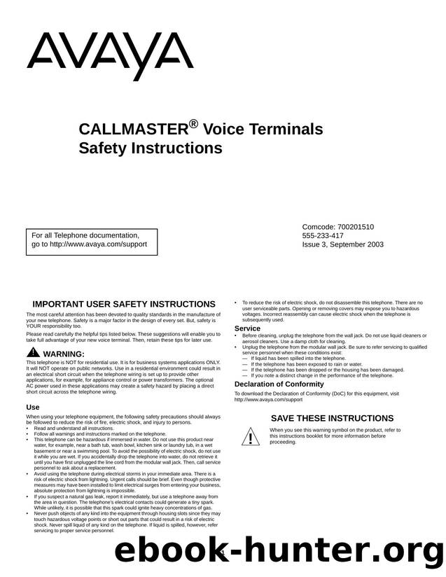 CALLMASTER Voice Terminals Safety Instructions by Unknown