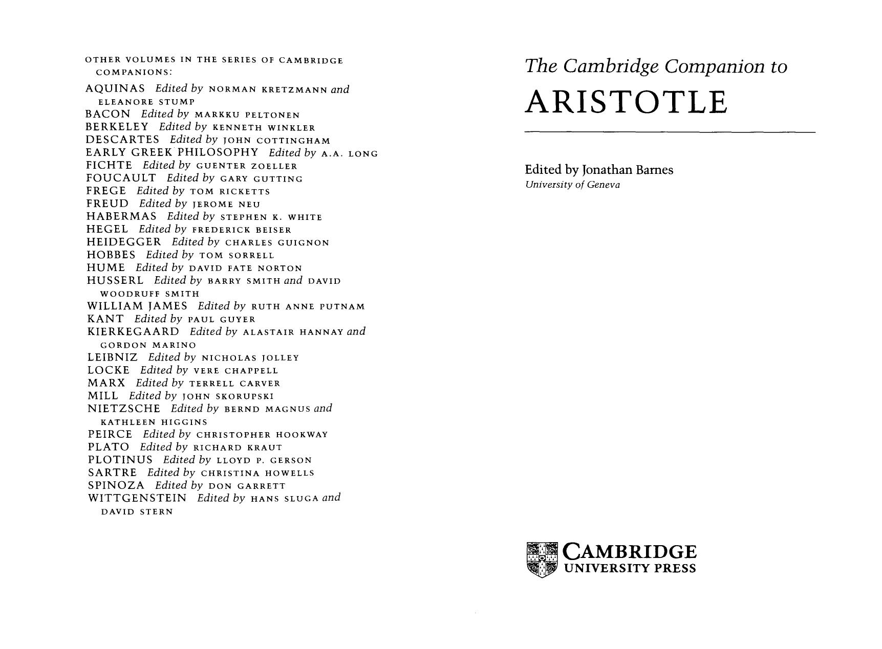 CAMBRIDGE COMPANIONS. BARNES, Jonathan (org). Aristotle by Unknown