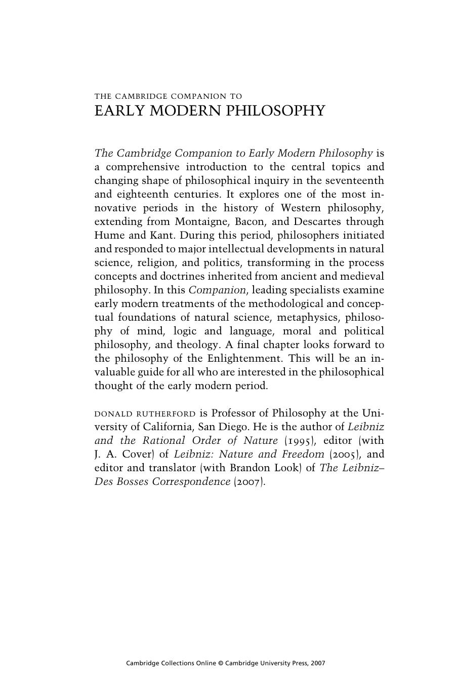 CAMBRIDGE COMPANIONS. RUTHERFORD, Donald (org). Early Modern Philosophy by Unknown