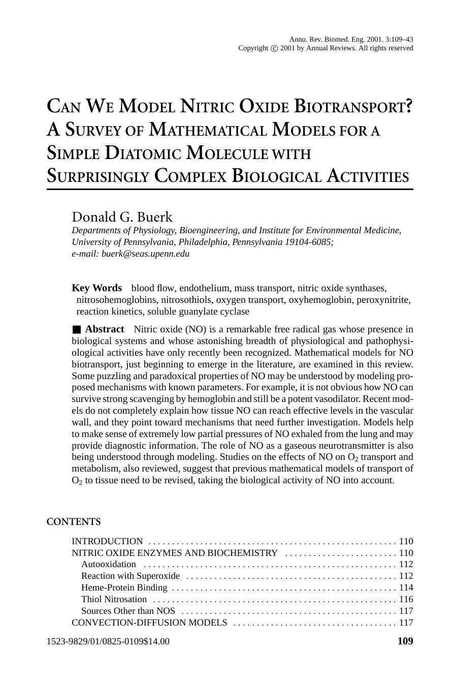 CAN WE MODEL NITRIC OXIDE BIOTRANSPORT? A SURVEY OF MATHEMATICAL MODELS FOR A SIMPLE DIATOMIC MOLECULE WITH SURPRISINGLY COMPLEX BIOLOGICAL ACTIVITIES by Donald G. Buerk