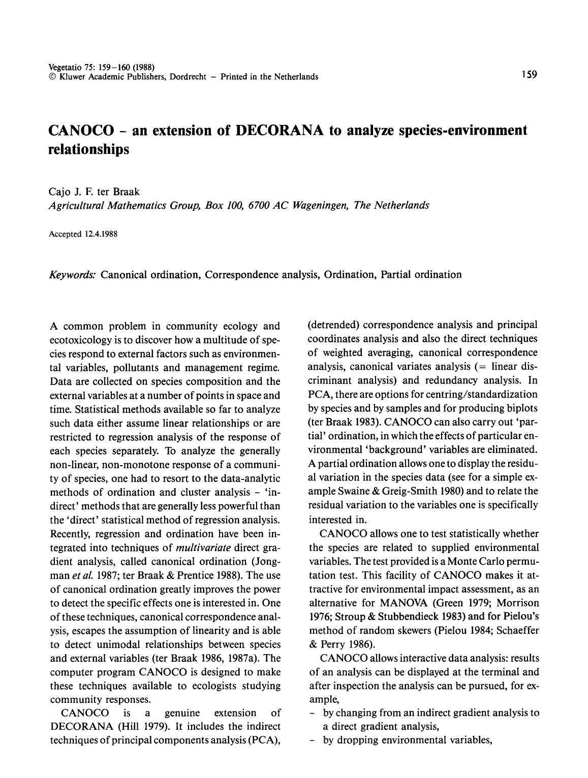 CANOCO—an extension of DECORANA to analyze species-environment relationships by Unknown