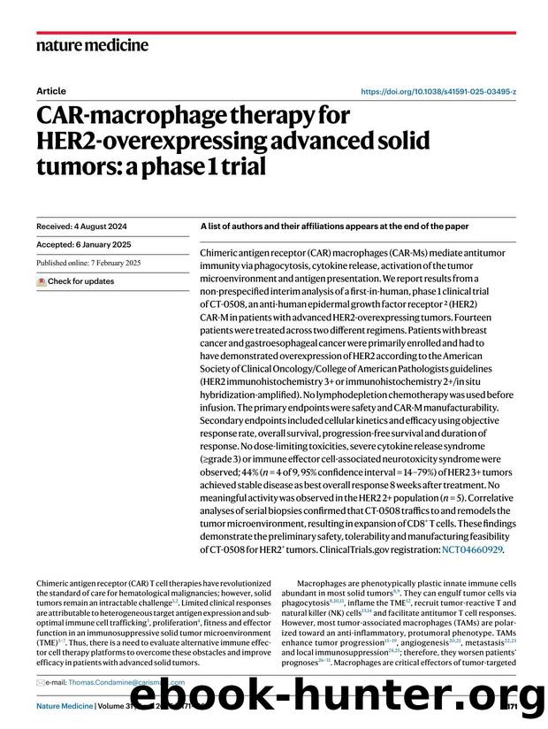 CAR-macrophage therapy for HER2-overexpressing advanced solid tumors: a phase 1 trial by unknow