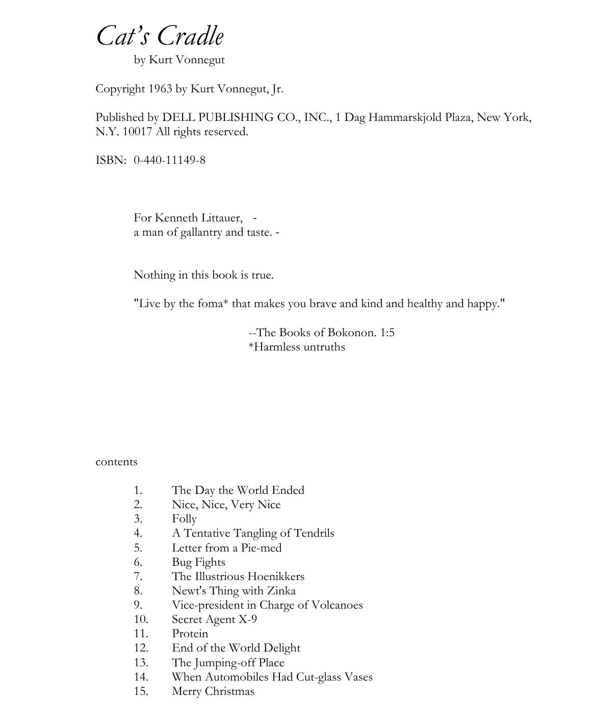 CAT'S CRADLE by Kurt Vonnegut