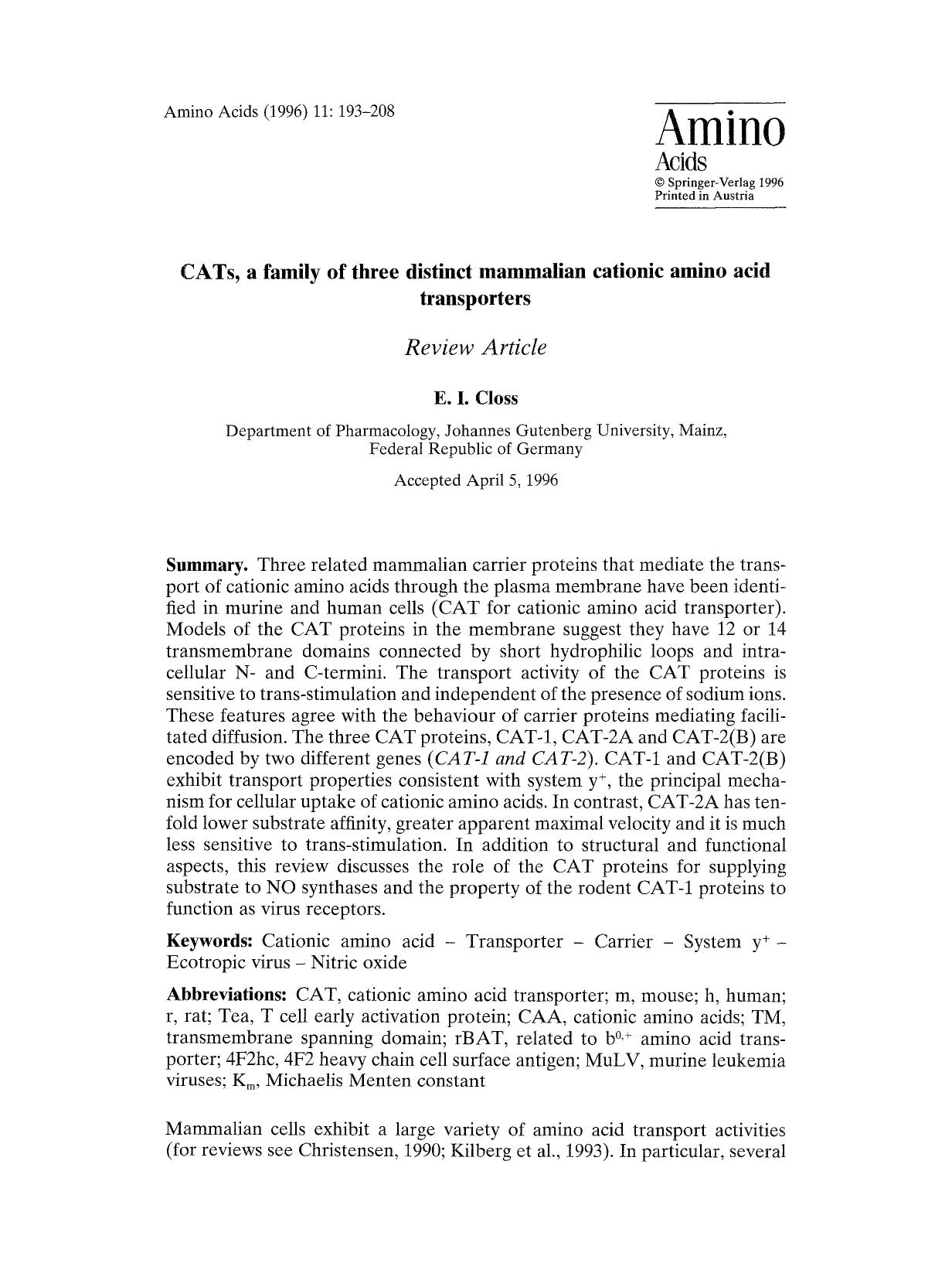 CATs, a family of three distinct mammalian cationic amino acid transporters by Unknown