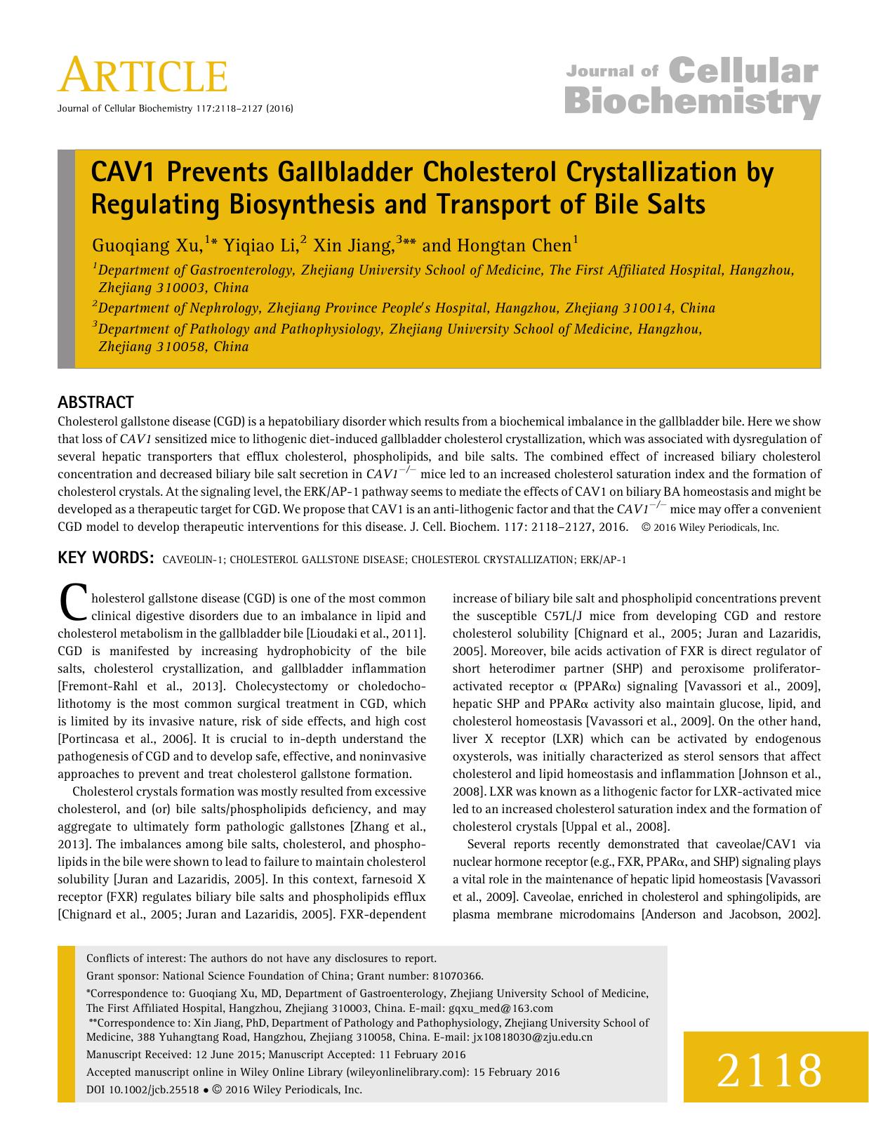 CAV1 Prevents Gallbladder Cholesterol Crystallization by Regulating Biosynthesis and Transport of Bile Salts by Unknown