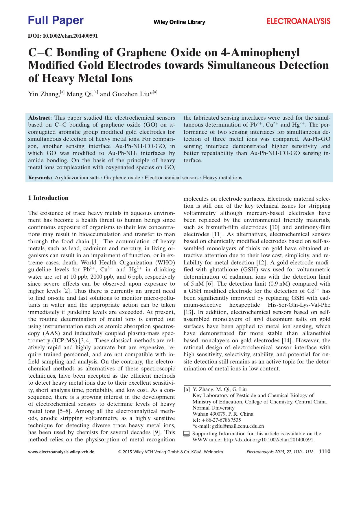 CC Bonding of Graphene Oxide on 4Aminophenyl Modified Gold Electrodes towards Simultaneous Detection of Heavy Metal Ions by Unknown