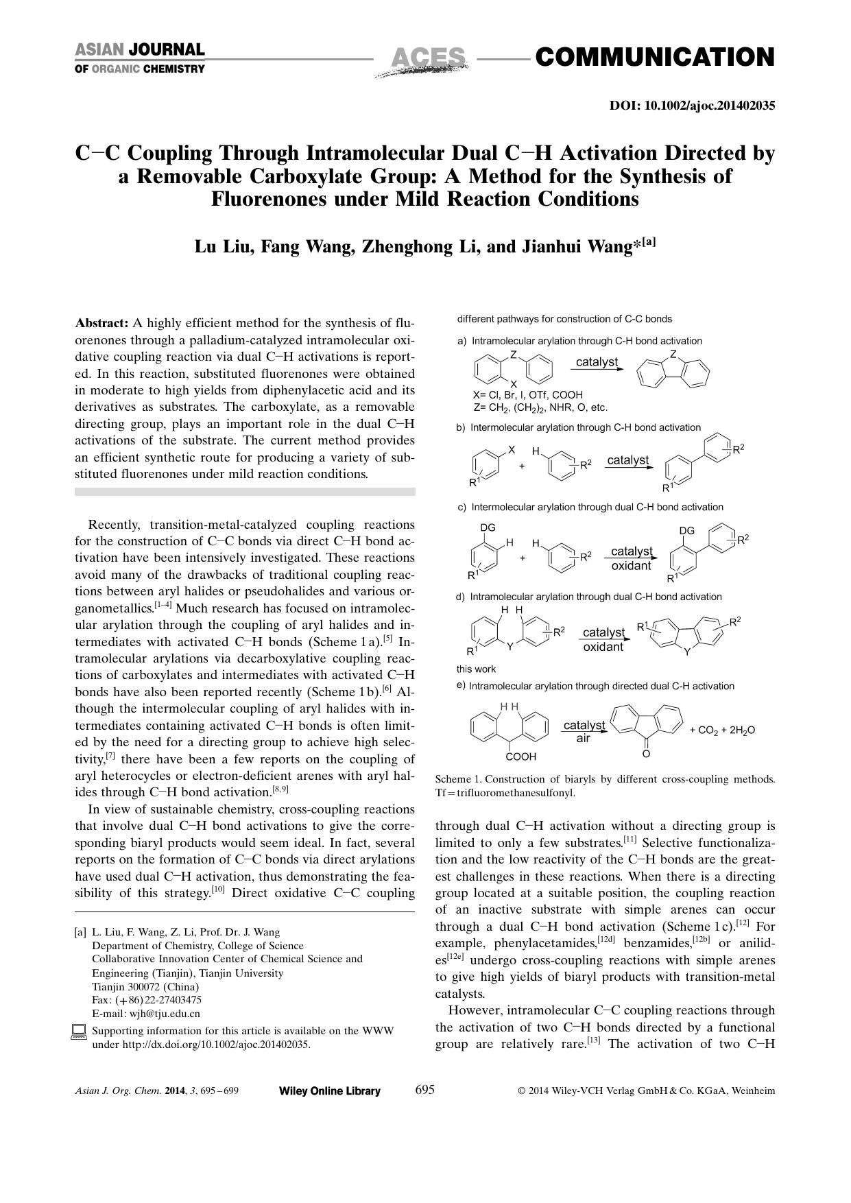 CC Coupling Through Intramolecular Dual CH Activation Directed by a Removable Carboxylate Group: A Method for the Synthesis of Fluorenones under Mild Reaction Conditions by Unknown